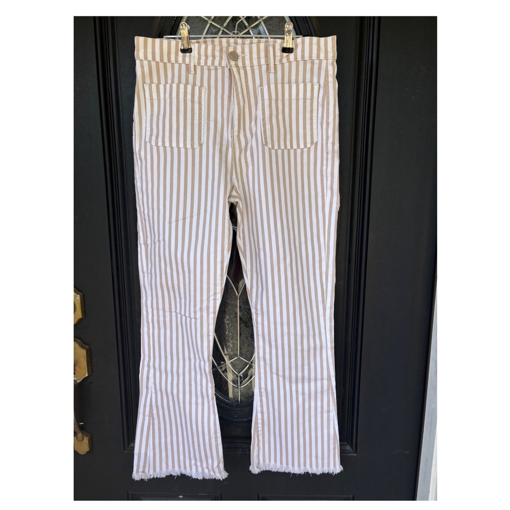 LOFT High Waist Flare Crop Striped Pants Tan White Raw Hem Size 28 6
